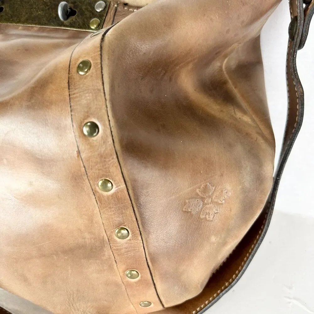 Patricia Nash Leather Hobo Bag Brass Turn Lock Studded Distressed Leather